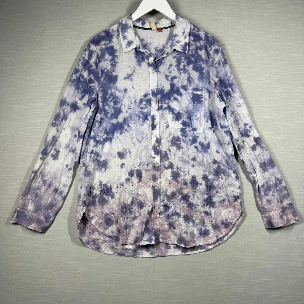 Pilcro Top Womens Large Blue Tie Dye Embroidered Button Up Casual Hippie Cate